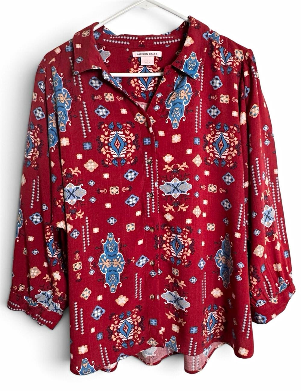 Allison Daley Womens L Red Blue Boho Floral Collared Button Front Rayon Blouse